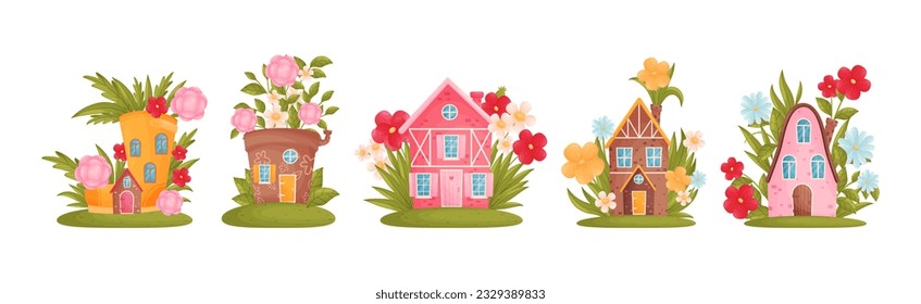Little Fairy House Among Blooming Garden Flower Vector Set