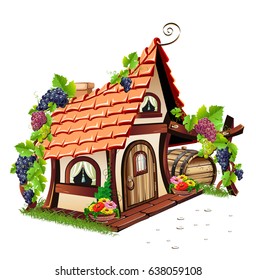 Little fairy house. Fabulous home with grapes and barrel. Vector illustration.