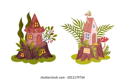 Little Fairy House Rested on Tree Stump with Flora and Foliage Vector Set