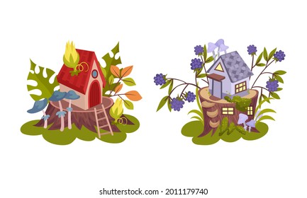 Little Fairy House Rested on Tree Stump with Flora and Foliage Vector Set