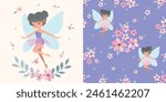 Little fairy illustration and seamless pattern design, cute fairy design for children