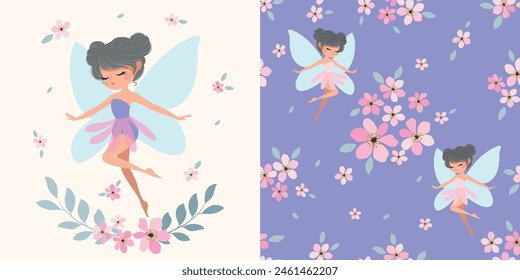 Little fairy illustration and seamless pattern design, cute fairy design for children's products, graphic and pattern design set, cute fairy collection, artwork for wallpapers, t shirt prints.