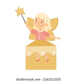 Little fairy. Kid game in cardboard box costume. Vector illustration of playing creative girls and boys. Cartoon cute child isolated on white