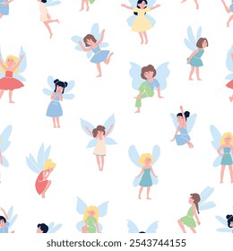 Little fairy ladies seamless pattern. Funny girls with butterfly wings, tale characters. Girly template for fabric wrapping wallpaper, vector background