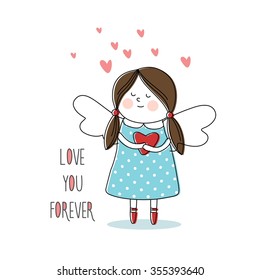 Little fairy. Love you forever. Greeting card for Valentine's day, wedding, anniversary, birthday. Vector illustration. T-shirt graphics.