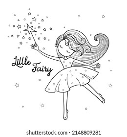 Little fairy with a magic wand. Black and white linear drawing. Doodle style. For children's design of coloring books, prints, posters, stickers, postcards. Vector