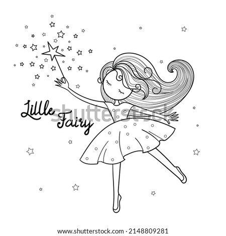 Little fairy with a magic wand. Black and white linear drawing. Doodle style. For children's design of coloring books, prints, posters, stickers, postcards. Vector