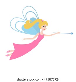  Little fairy with a magic wand flying. Cartoon Fairy isolated on white background.