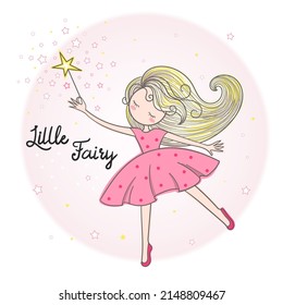 Little fairy with a magic wand. Hand drawn. Doodle style. For children's design of prints, posters, cards, stickers, etc. Vector illustration.
