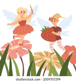 Little fairy with magic wand hovering over beautiful flowers, elf with strawberrie in flat vector illustration isolated on white background. Cute magical creatures pixie with wings from fairytale.