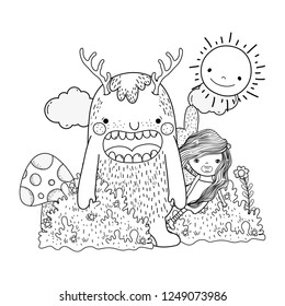 little fairy with monster in the field