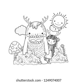 little fairy with monster in the field