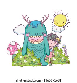 little fairy with monster in the field