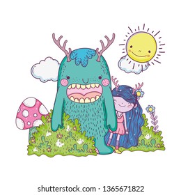 little fairy with monster in the field