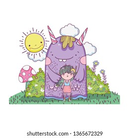 little fairy with monster in the field