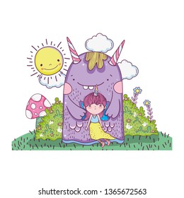 little fairy with monster in the field