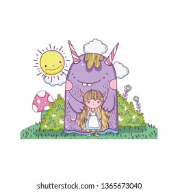 little fairy with monster in the field