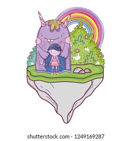little fairy with monster in the field and rainbow