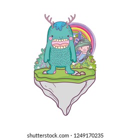 little fairy with monster in the field and rainbow