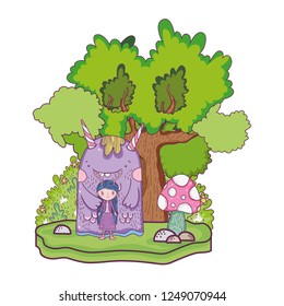 little fairy with monster in the field and tree