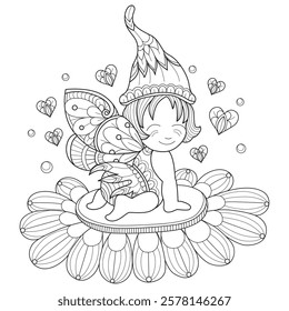 Little fairy on flower hand drawn for adult coloring book