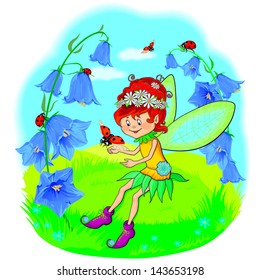 little fairy on the lawn with ladybug