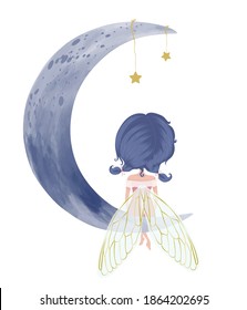 Little fairy on moon vector illustration, children artworks, postcards, wallpapers, prints.