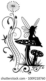 Little fairy on a mushroom. Meadow with filigree ornament.