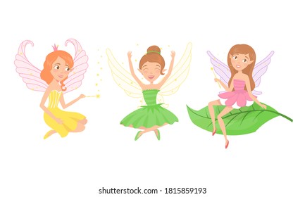 Little Fairy or Pixie with Wings Holding Magic Wand Vector Illustration Set