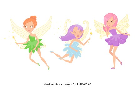 Little Fairy or Pixie with Wings Holding Magic Wand Vector Illustration Set