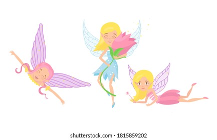 Little Fairy or Pixie with Wings Holding Flower and Magic Wand Vector Illustration Set