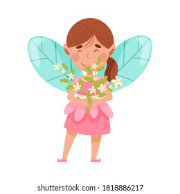 Little Fairy or Pixie with Wings Holding Flower Bouquet Vector Illustration