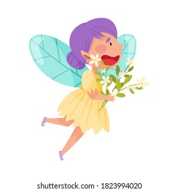 Little Fairy or Pixie with Wings Holding Flower Bouquet Vector Illustration