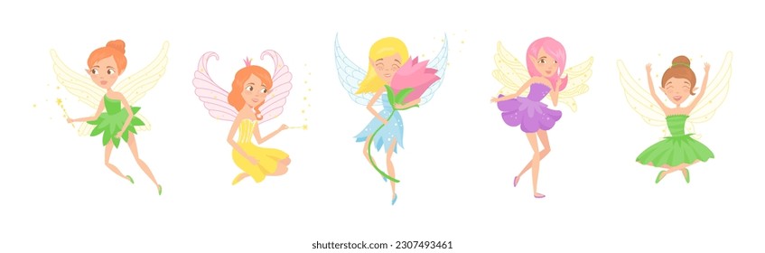 Little Fairy or Pixie with Wings with Magic Wand Vector Illustration Set