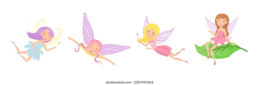 Little Fairy or Pixie with Wings with Magic Wand Vector Illustration Set