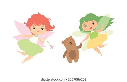 Little Fairy or Pixie with Wings as Woodland Nymph Hovering with Magic Wand Vector Set