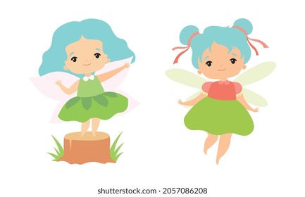 Little Fairy or Pixie with Wings as Woodland Nymph Standing on Tree Stump and Hovering Vector Set
