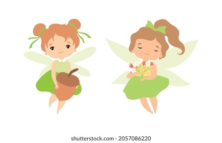 Little Fairy or Pixie with Wings as Woodland Nymph Hovering with Flowers and Acorn Vector Set