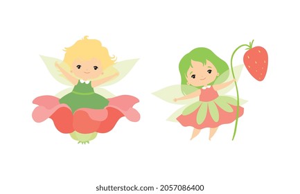 Little Fairy or Pixie with Wings as Woodland Nymph Sitting in Flower Cup and Holding Strawberry Stalk Vector Set