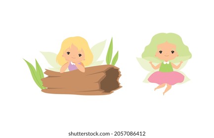 Little Fairy or Pixie with Wings as Woodland Nymph Sitting Near Hollow Log and Hovering Vector Set
