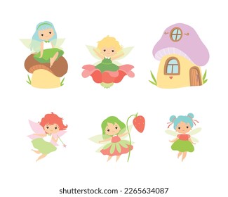 Little Fairy or Pixie with Wings as Woodland Nymph Vector Set