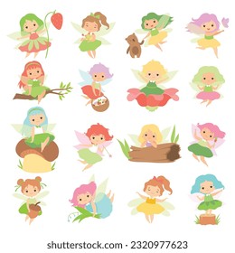 Little Fairy or Pixie with Wings as Woodland Nymph Big Vector Set