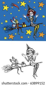 Little fairy presenting cute witch a gift while broom flight. Colored version, black and white version and background with stars are on different layers.