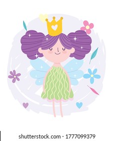 little fairy princess bun hair with crown and flowers tale cartoon vector illustration