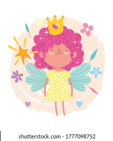 little fairy princess curly hair with crown and magic wand tale cartoon vector illustration