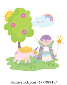 little fairy princess magic unicorn rainbow tree flowers tale cartoon vector illustration