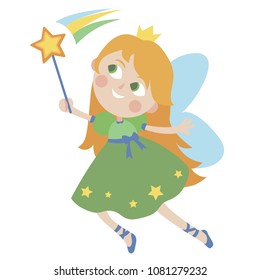 a little fairy Princess with a magic wand flies and creates magic. Cute cartoon girl vector illustration