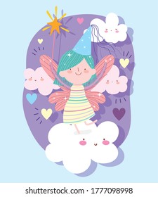 little fairy princess with magic wand clouds hearts tale cartoon vector illustration