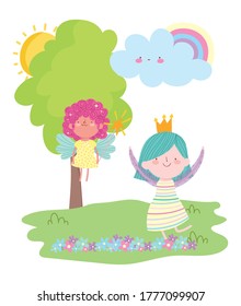 little fairy princess with magic wand and girl with crown rainbow tale cartoon vector illustration