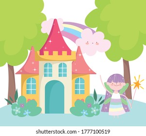 little fairy princess with magic wand castle and rainbow tale cartoon vector illustration